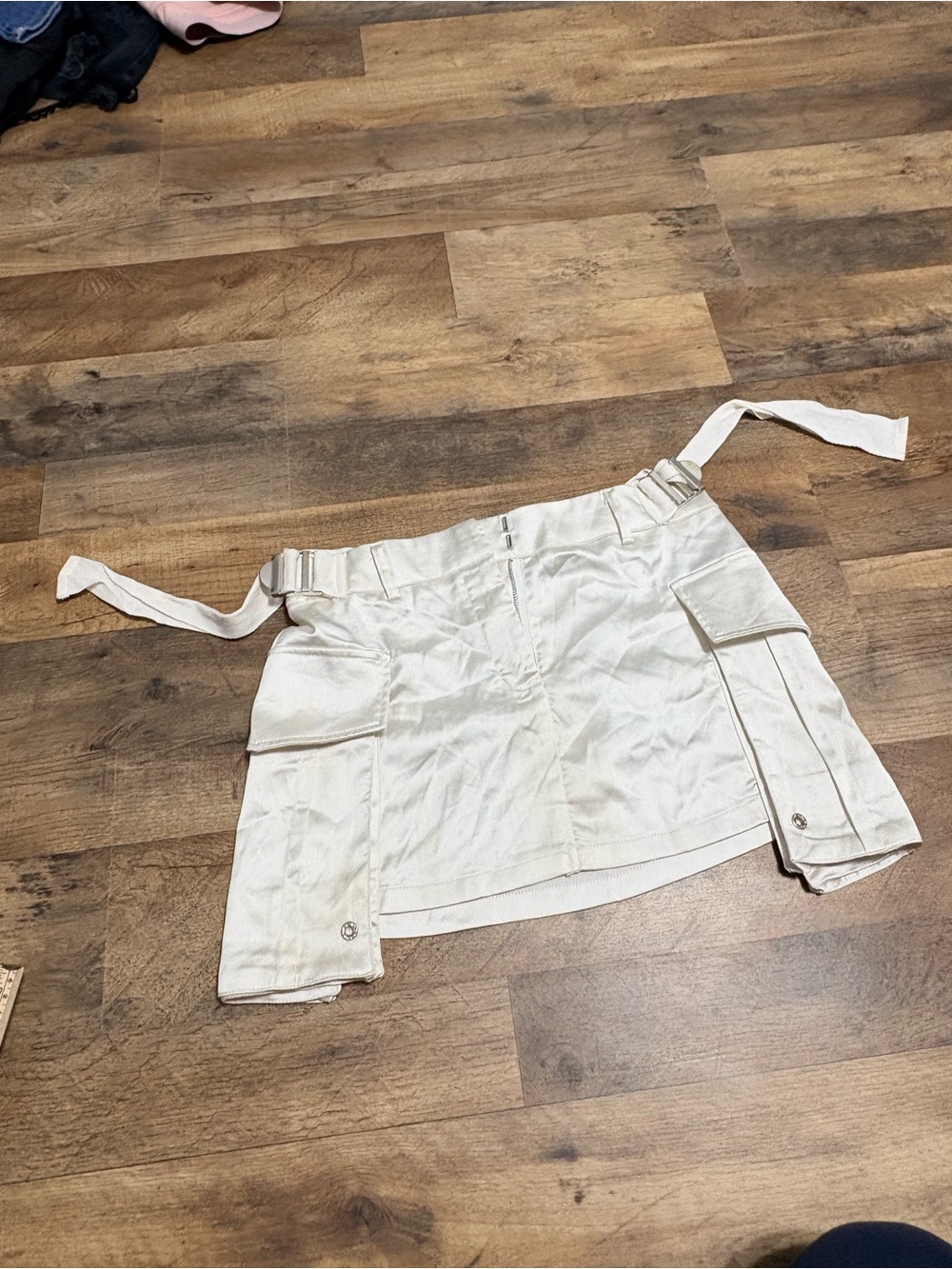 Forever 21 White Satin Cargo Mini Skirt Utility Buckle Y2K Size Small